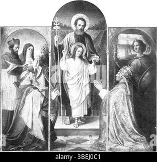 Diese Illustration von Albin und Paul Windhausen vom 15. März 1922 zeigt religiöse Figuren wie den Heiligen Joseph mit Kind, Papst Pius IX., den Heiligen Michael, König David, die Heilige Therese, und der Heilige Franziskus von Sales. Das Kunstwerk war Teil der religiösen Serie des Magazins *de Volks-Missionaris*. Stockfoto