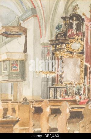 Das Aquarell „Pfarrkirche Oberort“ von 1901 eines unbekannten Künstlers zeigt das Innere der Kirche St. Magdalena in Tragöß-Oberort in der Steiermark. Das Kunstwerk fängt architektonische Details und die ruhige Atmosphäre des Innenraums der Kirche ein. Stockfoto