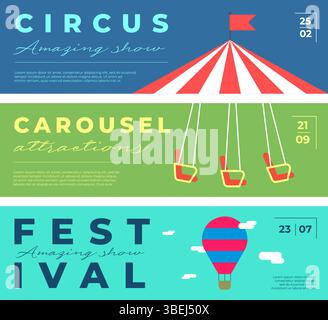 Farbenfrohes Banner für den Vergnügungspark mit Karnevalsfahrten, Zirkuszelt, Riesenrad und Ballons. Funfair Silhouette Hintergrund. Flacher Vektor für Flyer, Festivalplakat oder Kinderparty Einladung. Stock Vektor