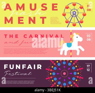 Minimaler Hintergrund des Vergnügungsparks mit Riesenrad, Karussell, Achterbahn und Feuerwerk. Buntes flaches Vektor-Design für Karneval Banner, Kinder Party Flyer oder Sommer Festival Einladung. Stock Vektor