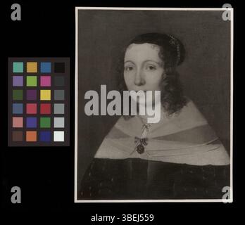 Dieses Schwarzweiß-Foto zeigt ein Porträt von Maria Sibylla Graff-Merian, das um 1679 von Matthäus Merian dem Jüngeren erstellt wurde. Das Gemälde fängt sie in einem detaillierten, klassischen Stil ein. Stockfoto