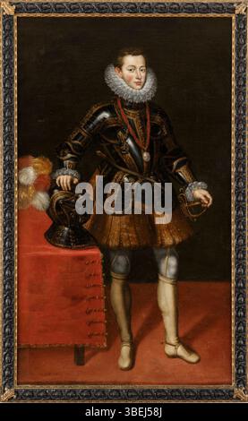 Dieses 1603 dem spanischen Künstler Juan Pantoja de la Cruz zugeschriebene Porträt zeigt den Conde de Saldaña im Palacio Nacional de Sintra. Pantoja de la Cruz war bekannt für sein raffiniertes königliches Porträt. Stockfoto