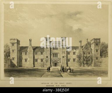 Diese Lithografie wurde 1847 von F. Bedford erstellt und zeigt die Tudorfassade der Henham Old Hall in Suffolk. Basierend auf einer Zeichnung aus dem Jahr 1773 stellt es das Aussehen des Herrenhauses vor seiner Zerstörung durch einen Brand im Jahr 1773 dar. Die gezeigten Figuren sind in der Mode der 1840er Jahre, obwohl anachronistisch zur Zeit der Zeichnung. Stockfoto