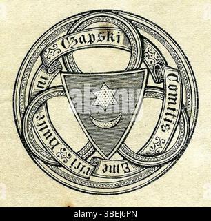Dieser historische Eintrag bezieht sich auf den Titel und die Details zu Emeriri Hutteni Gzapski, wahrscheinlich aus dem 19. Jahrhundert. Das Dokument enthält unklare Koordinaten und numerische Werte, die sich auf eine historische Zahl oder ein Ereignis beziehen. Stockfoto