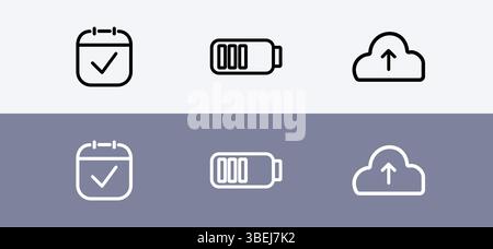 Basis-Symbolpaket – Kalender, Akku- und Cloud-Upload-Symbol. Stock Vektor