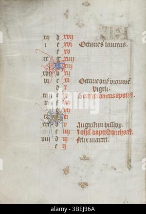 Folio 007v aus dem Stundenbuch des Meisters von weder van Culemborg, erstellt um 1430–1435, mit einem Kalender für die Diözese Utrecht für August und September. Stockfoto