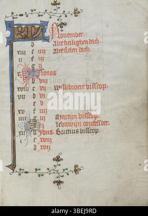 Folio 010r aus dem Stundenbuch des Meisters von weder van Culemborg, geschaffen um 1430–1435, enthält den Kalender für Oktober und November für die Diözese Utrecht. Stockfoto