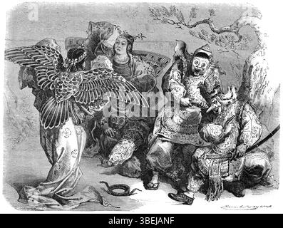 Schauspieler und Tänzer oder Hoh Theater am Königlichen Hof des Kaisers von Japan oder im Mikado Japan. Vintage oder historische Gravur oder Illustration 1866 Stockfoto