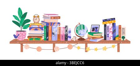 Stapel Bücher im Bücherregal. Bibliothek zu Hause. Stock Vektor
