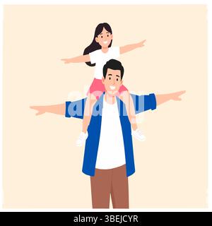 Vektor-Illustration eines glücklichen Vaters, der seine Tochter auf den Schultern trägt. Ein süßer Familienmoment voller Liebe, Spaß und Zweisamkeit Stock Vektor