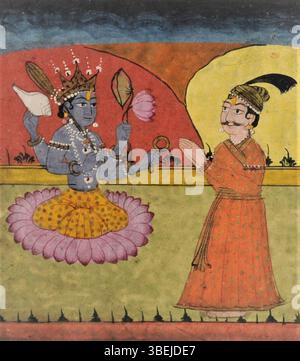 Dieses Bild zeigt Raja Parikshit, der vor dem hinduistischen Gott Vishnu steht, gemalt von einem unbekannten indischen Künstler aus der Kaschmir-Schule im 19. Jahrhundert. Es zeigt traditionelle indische religiöse Kunst und die Darstellung mythologischer Figuren. Stockfoto