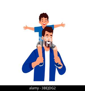 Vektor-Illustration eines glücklichen Vaters, der seinen Sohn auf seinen Schultern trägt. Ein süßer Familienmoment voller Liebe, Spaß und Zweisamkeit, perfekt für Fa Stock Vektor