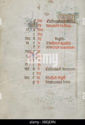 Folio 008v aus dem Stundenbuch des Meisters von weder van Culemborg, um 1430–1435, mit dem Kalender für September und Oktober für die Diözese Utrecht. Stockfoto
