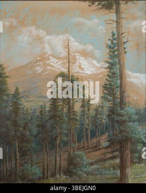 Dieses Gemälde von Helen Tanner Brodt aus dem Jahr 1865 fängt den Berg Shasta an einem von Bäumen gesäumten Hang ein und spiegelt ihre Landschaftskunst und Verbundenheit mit der Natur wider. Stockfoto
