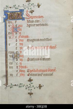 Folio 008r aus dem Stundenbuch des Meisters von weder van Culemborg, geschaffen um 1430–1435, mit einem Kalender für die Diözese Utrecht für August und September. Stockfoto