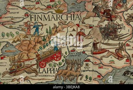 Detail aus einer Karte aus dem 16. Jahrhundert von Olaus Magnus (1490–1557), die finnische Skifahrer zeigt und die nordischen Reisemethoden veranschaulicht. Stockfoto