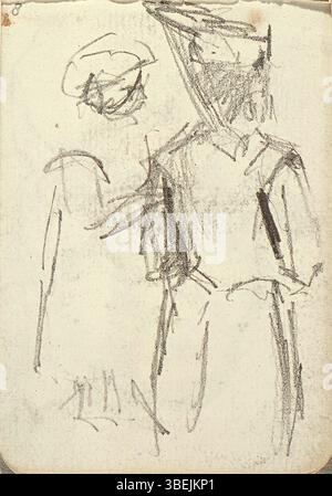 Eine Bleistiftskizze von Theo van Doesburg um 1910, die zwei Frauen von hinten zeigt, Teil des Sketchbook 34 im Centraal Museum. Stockfoto