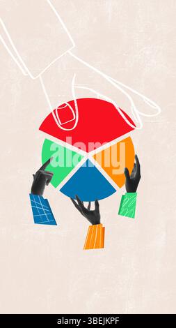 Unsichtbare Hand. Ein Segment schwimmt nicht unterstützt, während andere von Händen gehalten werden, um Manipulationen und unsichtbare Kontrolle zu visualisieren. Surreale Geschäftscollage. Stockfoto