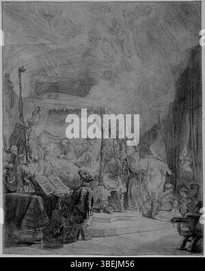 Dieser Druck, der Rembrandt zugeschrieben wird, mit dem Titel „de dood van Maria“ (der Tod Marias), geht auf die Zeit um 1639 zurück. Es ist eine Darstellung des Todes der Jungfrau Maria, die sie umgeben von Aposteln zeigt. Das Werk spiegelt Rembrandts Meisterschaft in der Erfassung religiöser Themen durch komplizierte Gravurtechniken wider. Stockfoto