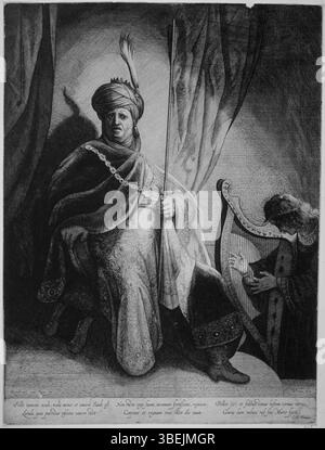 Der Kupferstich mit dem Titel „David spielt die Harfe vor Saul“ wurde von Willem van der Leeuw (ca. 1603-c1665) nach einem Gemälde von Rembrandt erstellt. Dieses Stück spiegelt eine biblische Szene wider, in der König Saul von der Musik von Davids Harfe besänftigt wird. Das Bild entstand im 17. Jahrhundert und ist Teil der Serie von Rembrandts Stichen. Das Stück veranschaulicht den Zusammenhang zwischen biblischen Geschichten und der Darstellung von Musikinstrumenten in der Kunst. Stockfoto