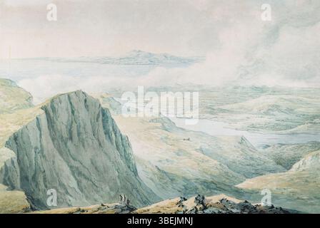 Diese Landschaft, die dem Kreis von John Warwick Smith zugeschrieben wird, zeigt einen Blick von Cader Idris mit der Mawddach Mündung, Cardigan Bay und der Llyn Peninsula in Wales. Das Werk ist eine detaillierte Darstellung der natürlichen Schönheit der Region und zeigt Smiths Beherrschung von Aquarellen und Stiften. Stockfoto