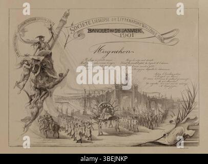 Lithografie von Jean Ubaghs (1852–1937) aus dem Jahr 1901, die ein Bankett der Société liégeoise de Littérature wallonne darstellt. Das Kunstwerk misst 66 x 41 cm und ist im Musée de la Vie wallonne in Belgien untergebracht. Die Lithografie stellt ein historisches kulturelles Ereignis in der Literaturgeschichte der Region dar. Stockfoto