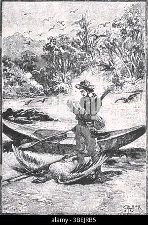 Eine Illustration aus Jules Vernes Roman The Castaways of the Flag (1900), auch bekannt als zweites Vaterland, gezeichnet von George Roux. Das Werk zeigt Szenen aus dem Roman und ist Teil von Roux Illustrationen zu Vernes Abenteuermärchen. Stockfoto