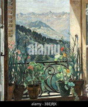 Bertha Dorphs Ölgemälde *Blick durch das Fenster auf die Alpen* aus dem Jahr 1926 zeigt eine ruhige Landschaft der Alpen durch ein Fenster. Das Gemälde zeichnet sich durch seine detaillierte Darstellung der Berge aus, wobei der Schwerpunkt auf natürlichem Licht und dem Raumgefühl liegt. Das Werk misst 90 x 79 cm und zeigt Dorphs Fähigkeit, atmosphärische Perspektiven in der Landschaftsmalerei einzufangen. Stockfoto