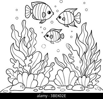 Die tropisch gestreiften Fische schwimmen zwischen Algen, Korallenriffen und Muscheln auf dem Meeresboden. Familienskalar. Unterwasserlandschaft. Ausmalbuch Stock Vektor