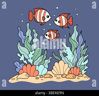 Tropisch gestreifte Fische schwimmen zwischen Algen, Korallenriffen und Muscheln auf dem Meeresboden. Familienskalar. Unterwasserlandschaft. Farbige Handzeichnung Stock Vektor