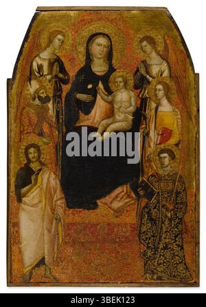 Dieses Kunstwerk, das dem Meister der aschmoleischen Predella zugeschrieben wird, zeigt die Madonna und das Kind, die zwischen zwei Engeln thront, begleitet von den Heiligen Nikolaus, Katharina von Alexandria, Johannes dem Täufer und Lawrence. Es handelt sich um eine religiöse Darstellung, die Schlüsselheilige der christlichen Kunst zeigt. Stockfoto