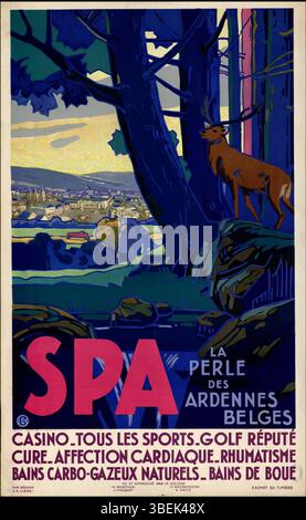Diese Farblithographie von Emile Berchmans aus den Jahren 1933 bis 34 zeigt die belgische Stadt Spa, die oft als „Perle der Ardennen“ bezeichnet wird. Das Kunstwerk fängt die landschaftliche Schönheit dieser Region im frühen 20. Jahrhundert ein. Die Lithografie ist Teil der Sammlung Musée de la Vie wallonne. Stockfoto