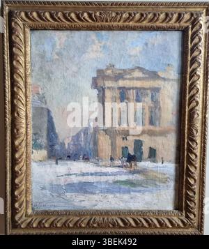 Albert Lebourgs Gemälde *L'Hôtel Crillon sous la neige* zeigt den ikonischen Hôtel Crillon in Paris, der im späten 19. Bis frühen 20. Jahrhundert von Schnee bedeckt ist. Das Stück demonstriert Lebourgs Fähigkeit, atmosphärische Effekte und urbane Landschaften einzufangen. Stockfoto