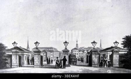 Ein historischer Blick auf das Dammtor-Gebiet in Hamburg, 1827 aufgenommen. Dieses Bild repräsentiert das Stadtbild des frühen 19. Jahrhunderts und zeigt architektonische und städtische Merkmale, die für diese Zeit typisch sind. Stockfoto