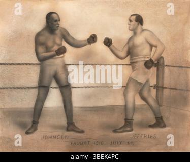 Dieses Kunstwerk veranschaulicht den Kampf um den Johnson-Jeffries-Preis, der am 4. Juli 1910 in Reno (Nevada) stattfand. Es zeigt die Boxer Jack Johnson und James J. Jeffries in einem historischen Meisterschaftsspiel im Schwergewicht, wobei Graphit und Pastell auf Papier verwendet werden. Stockfoto
