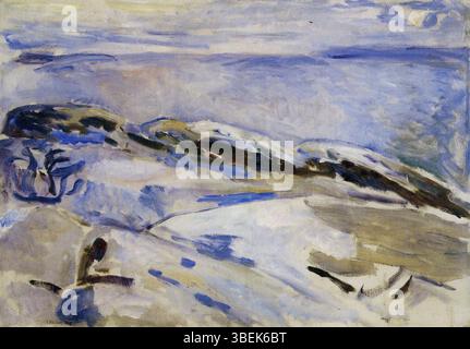 „Winter on the Coast“ (1915) von Edvard Munch zeigt eine kalte, dramatische Küstenlandschaft. Die krasse Winteratmosphäre ist ein bemerkenswertes Beispiel für Munchs Fähigkeit, durch das Zusammenspiel von Natur und menschlichem Empfinden Emotionen zu wecken. Stockfoto