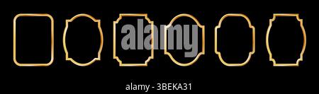 Goldene geometrische Rahmen im Art déco-Stil. Luxuriöse goldene Borten für Hochzeitseinladungen. Dünnes, ovales und rechteckiges Set zur Dekoration von Einladungen. Stock Vektor
