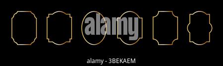Goldene geometrische Rahmen im Art déco-Stil. Luxuriöse goldene Borten für Hochzeitseinladungen. Dünnes, ovales und rechteckiges Set zur Dekoration von Einladungen. Stock Vektor
