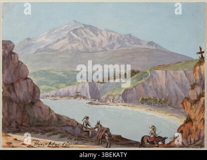 Elizabeth Campbells Aquarell aus dem Jahr 1825 fängt die Eruption des Ätna und des nahegelegenen Dorfes Giardini auf Sizilien ein. Das Kunstwerk umfasst Campbell und ihre Gefährten, Mr. Walker oder Mr. Moore, die die Aussicht beobachten. Das Gemälde zeigt die vulkanische Landschaft und die lokale Kultur des frühen 19. Jahrhunderts. Stockfoto