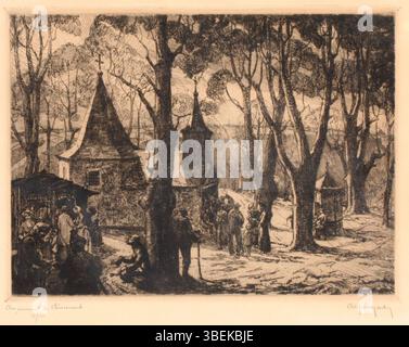 Ätzung von Alfred Martin von 1920 bis 1939 mit dem Titel „Au sommet de Chèvremont“. Dieser Druck ist 23 x 31 cm groß und Teil der Sammlung Musée de la Vie Wallonne, die den Gipfel des Chèvremont mit Landschaftsdetails darstellt. Stockfoto