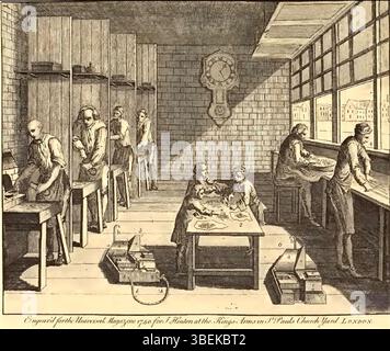 Abbildung einer Druckgießerei aus dem Jahr 1938, in der die in der Druckindustrie verwendeten Geräte für die Herstellung von Metallsorten und den Satzsatz dargestellt werden. Stockfoto