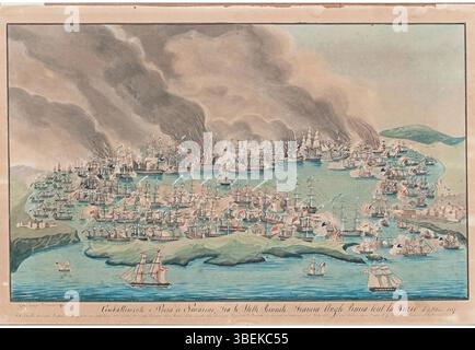 Aquarell von Giovanni Luzzo aus dem Jahr 1847, das die Seeschlacht von Navarino am 20. Oktober 1827 illustriert. Das Gemälde ist signiert, betitelt und zeigt Schiffe im Kampf. Stockfoto