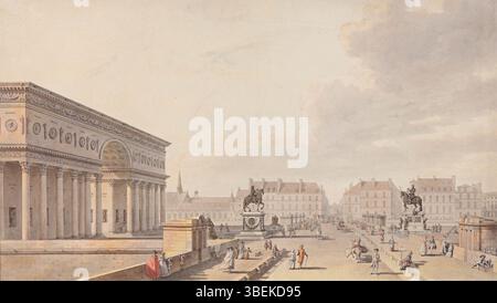 Dieses Projekt von Jacques-Pierre Gisors aus dem Jahr 1787 zeigt den Entwurf für den Place Louis XVI an der Spitze der Île de la Cité in Paris. Es wurde mit Stift, chinesischer Tinte und Aquarellen auf Papier hergestellt und befindet sich im Musée national des châteaux de Versailles et de Trianon in Versailles, Frankreich. Stockfoto