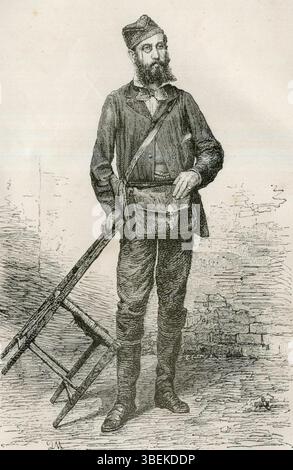 Dieses Foto von Nicola Lazzaro aus dem Jahr 1877, einer italienischen Kriegsberichterstatterin, fängt seine bedeutende Rolle bei der Dokumentation militärischer Ereignisse ein. Als Reporter gab Lazzaro Einblicke in Kriegsgebiete und konzentrierte sich oft auf Konflikte im späten 19. Jahrhundert. Seine Beiträge zum Journalismus waren von entscheidender Bedeutung für die Darstellung des Krieges während seiner Zeit. Stockfoto