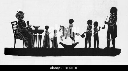 Dieses Foto zeigt Jacob Brønniche in Zivilkleidung mit seiner Familie im Jahr 1808. Das Mädchen mit der Puppe ist Inger Borch, die später aus Raadhustorvet 2 bekannt wurde, und der Junge auf dem Schaukelpferd ist Jacob Junior, ein zukünftiger Kaufmann in Algade 9. Stockfoto