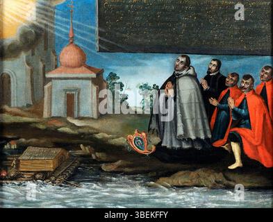 Ein Votivbild von Erazm Kretkowski, einem Krakauer Kanon, das 1620 geschaffen wurde. Das Gemälde spiegelt religiöse Themen wider, die in der polnischen Kunst des 17. Jahrhunderts üblich sind. Stockfoto