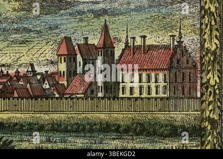 Diese 1696 nach Erik Dahlbergh entstandene Darstellung von Brzesc Kujawski zeigt das Stadtpanorama von 1657. Es erfasst die schwedische Entlastung der polnischen Belagerung und die strategische militärische Bedeutung der Stadt während des Dreißigjährigen Krieges. Stockfoto