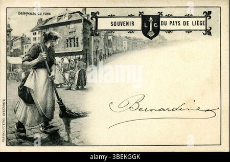Dieser sepiafarbene fotomechanische Druck, der von Lucien Lejeune am 12. Juni 1903 erstellt wurde, zeigt einen Straßenkehrer in der Region Lüttich. Die 9 x 13,5 cm große Postkarte ist Teil der Sammlung Musée de la Vie Wallonne und bietet einen Einblick in das urbane Leben des frühen 20. Jahrhunderts. Stockfoto