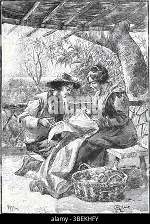 Diese Illustration von George Roux aus Jules Vernes *Second Vaterland* (1900) stellt einen dramatischen Moment aus der Geschichte dar. Roux’ detailgetreue Schwarzweißzeichnung ergänzt Vernes abenteuerliche Erzählung und erforscht Themen wie Überleben und Exil. Stockfoto