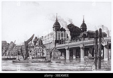 Ian Strangs *Cannon Street Station* (1923) ist eine Ätzung, die von der Artichoke Press auf der Originalplatte gedruckt wurde. Das Stück misst 7,75 x 10,25 Zoll und ist Teil einer Auflage von 25. Es fängt die architektonische Pracht des Bahnhofs ein. Stockfoto